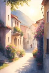 Watercolor pain of mediterranean old city street. AI generated illustration