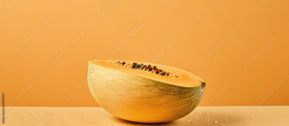 Poster close up of ripe melon with seeds on a isolated pastel background copy space