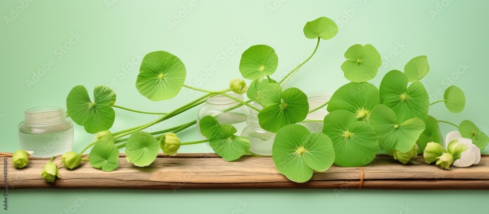 Poster capsules made from centella asiatica a herbal ingredient used in thai medicine isolated pastel backg