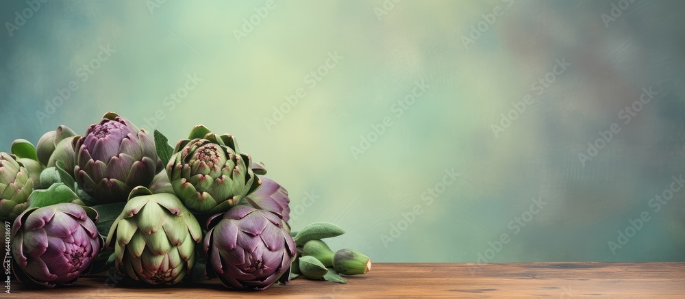 Poster Artichokes displayed on isolated pastel background Copy space en stand with gray background