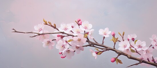 Obraz premium Cherry branch in bloom against a backdrop isolated pastel background Copy space