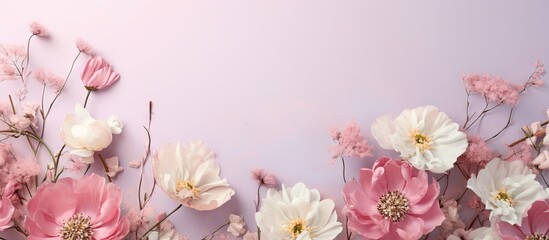 Fototapeta premium Gorgeous flower backdrop featuring peonies and Cosmo isolated pastel background Copy space