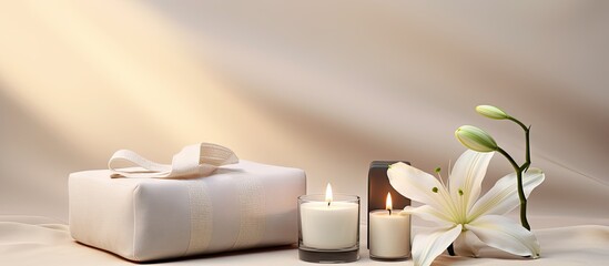 Fototapeta na wymiar Light beige cubes with black bag white towels candles and Lily display for advertising hair removal wax isolated pastel background Copy space