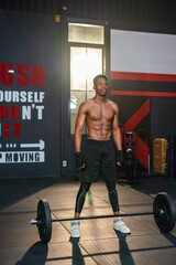 Fototapeta na wymiar Muscular Black African Man Athlete: Fitness Prep for Weightlifting - Gym Workout Strength