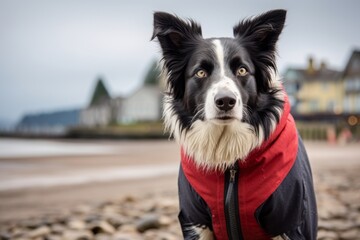 Lifestyle portrait photography of a tired border collie barking wearing a ski suit against a bustling beach resort background. With generative AI technology - obrazy, fototapety, plakaty