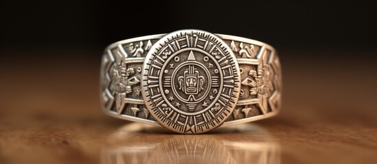 Aztec calendar design on a silver ring isolated pastel background Copy space