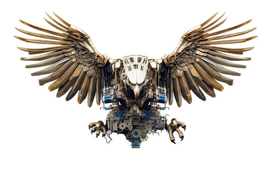 An eagle flying made of electronic machinery on a white background. Farm animals. illustration. Generative AI.