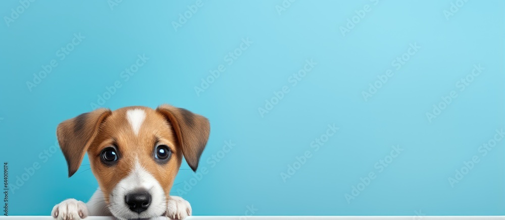 Poster Close up studio portrait of a dog isolated on a isolated pastel background Copy space looking directly at the camera
