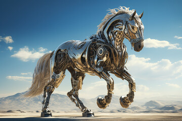 Image of horse that is a futuristic machine of the future world. Wildlife Animals. Illustration, Generative AI.