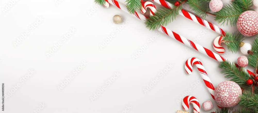Aufkleber Candy canes pine branches and balls on a isolated pastel background Copy space create a sugary frame
