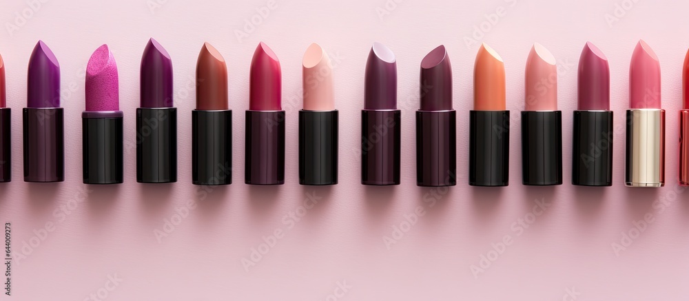 Poster decorative lipsticks arranged in a flat lay on a isolated pastel background copy space