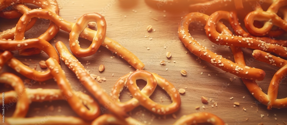 Poster closeup selective focus on table with salted breadsticks and pretzels isolated pastel background cop