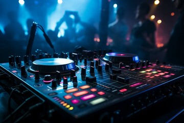 Vibrant nightlife: DJ mixer table takes center stage in the nightclub backdrop.
