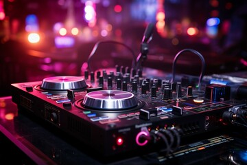 Fototapeta na wymiar Vibrant nightlife: Pink DJ headphones, sound mixer, and turntables in the club.