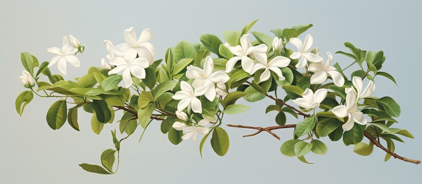 Jasminum sambac a shrub plant of the Oleaceae family is native to tropical Asia isolated pastel background Copy space