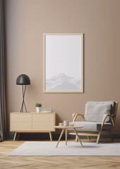 Modern minimalist room. An armchair, a table and a flower and a large empty wall. Background for text.