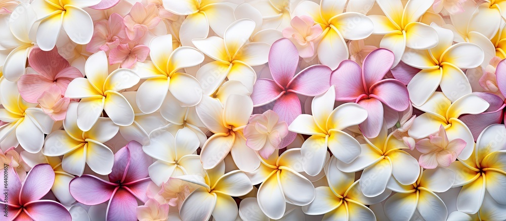 Poster background features a splendid display in summer with frangipani flowers flourishing in the garden i