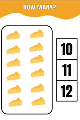 How many cheese are there? Educational math game for kids. Printable worksheet design for preschool or elementary kids.