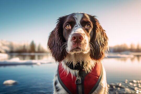 Medium shot portrait photography of a happy english springer spaniel guarding wearing a ski suit against a beautiful lagoon background. With generative AI technology