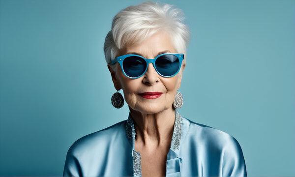 Portrait of aged lady woman with white hair former model from the past posing for fashion style photo in fashion study