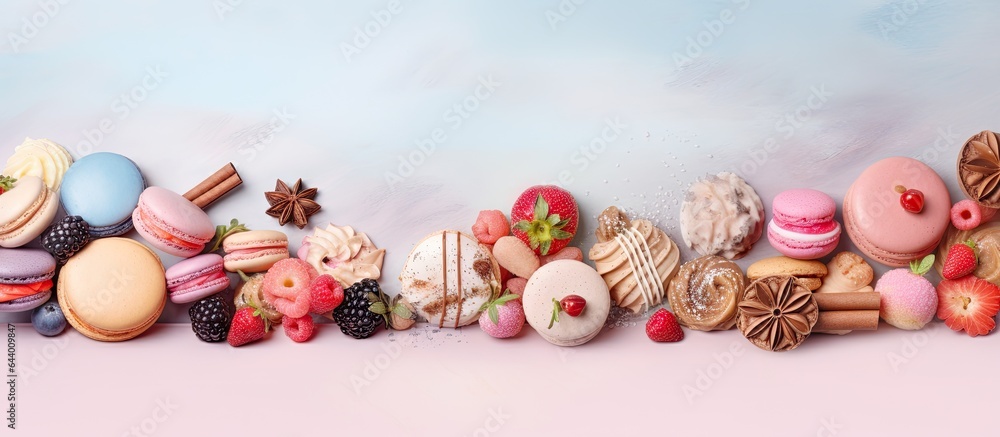 Poster ingredients and methods used in making pastries isolated pastel background copy space