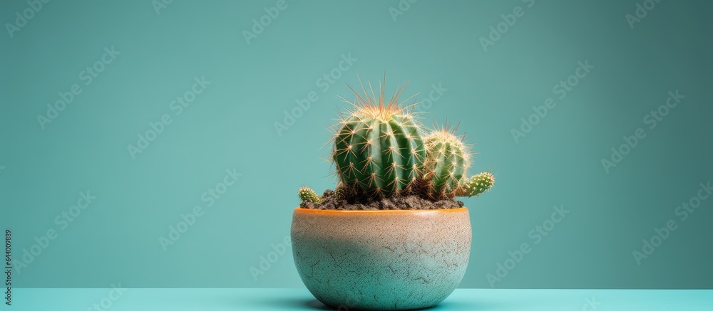 Poster astrophytum in a pot close up and isolated isolated pastel background copy space