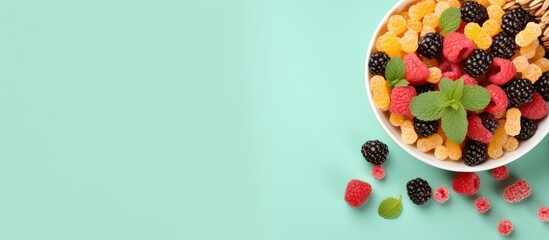 Bowl of corn flakes and berries on a isolated pastel background Copy space