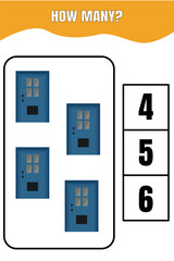 How many door are there? Educational math game for kids. Printable worksheet design for preschool or elementary kids.