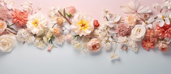 Flower filled backdrop isolated pastel background Copy space