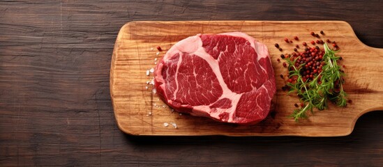 Large piece of raw red beef on cutting board separated from background isolated pastel background Copy space