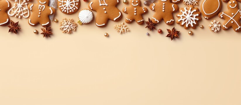 Delicious gingerbread cookies on isolated pastel background Copy space