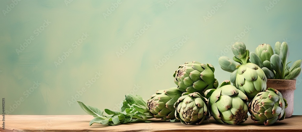 Poster artichokes displayed on isolated pastel background copy space en stand with gray background