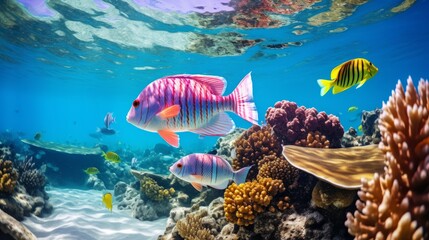 Photo of a vibrant coral reef teeming with diverse marine life created with Generative AI technology