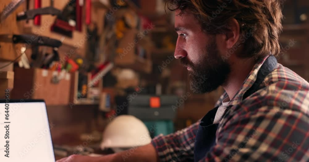 Poster man, typing and carpenter with a laptop, internet and website information with email notification, o