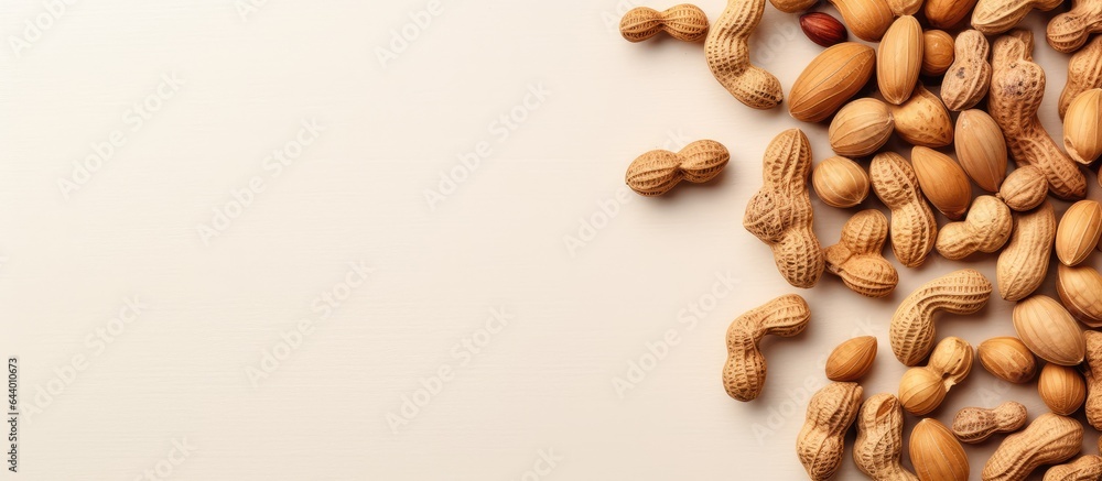 Poster Funny text created from peanuts isolated on a isolated pastel background Copy space captured from above