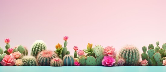 Adorable small cacti isolated pastel background Copy space