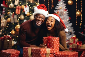 Obraz na płótnie Canvas happy couple celebrating Christmas