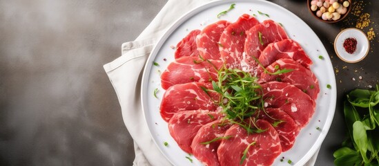 Carpaccio made with beef displayed on a table isolated pastel background Copy space