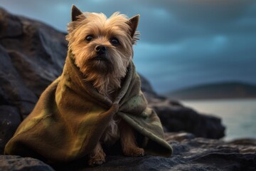 Conceptual portrait photography of a happy cairn terrier backing up wearing a thermal blanket against a spectacular sea cave background. With generative AI technology