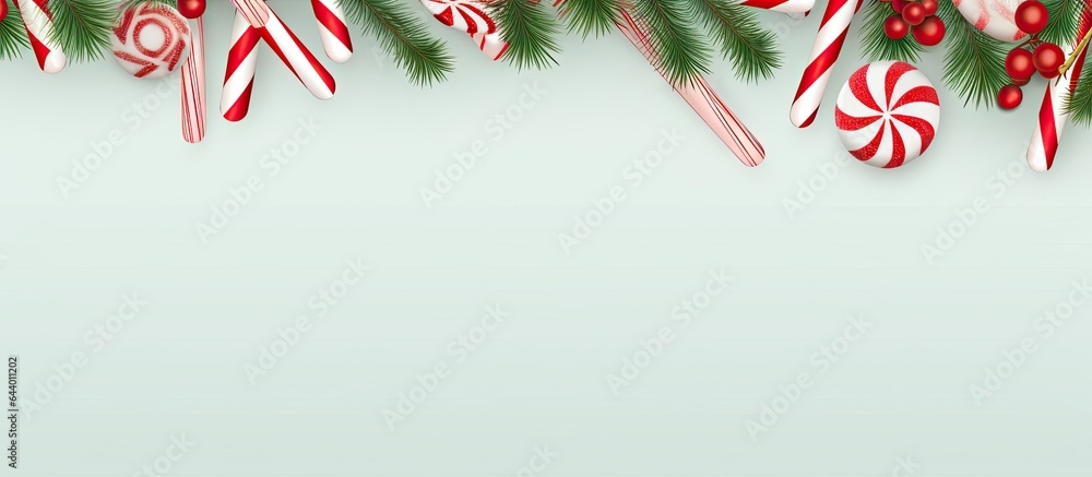 Poster candy canes pine branches and balls on a isolated pastel background copy space create a sugary frame