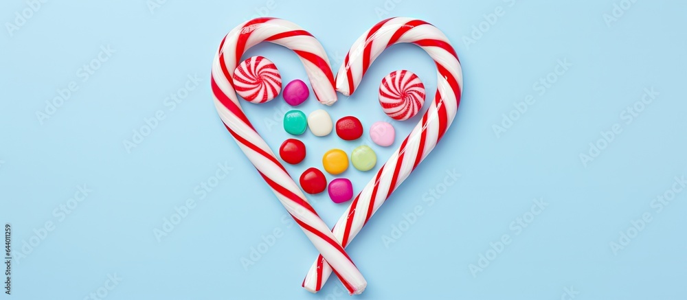 Aufkleber Festive multicolored candy cane without shadow on a isolated pastel background Copy space Decorative striped texture Top view