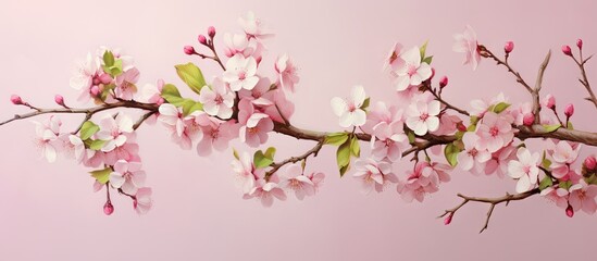 Fototapeta premium Crabapple trees blooming branches and twigs with pink buds and flowers adding joy and beauty to spring isolated pastel background Copy space