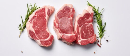 Fresh lamb or mutton cutlets in vacuum packaging photographed on a isolated pastel background Copy...