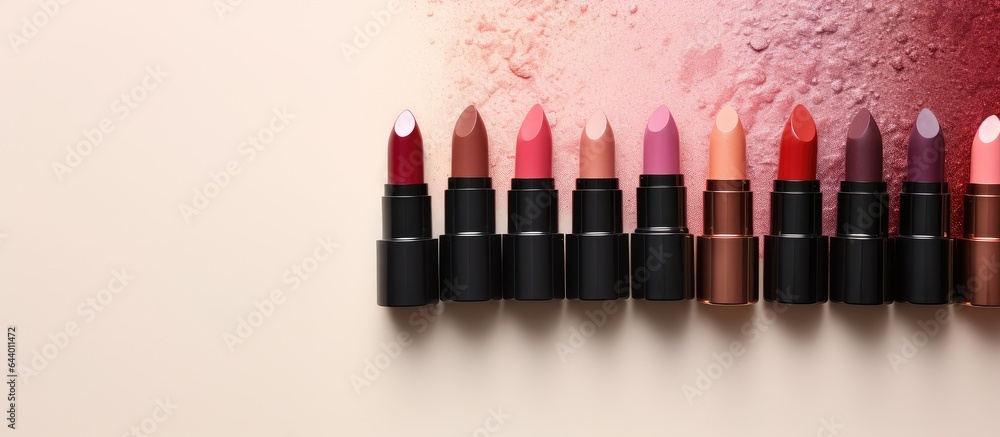 Poster decorative lipsticks arranged in a flat lay on a isolated pastel background copy space
