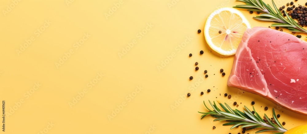 Poster fresh tuna fillet steak with rosemary lemon and peppercorns on a isolated pastel background copy spa