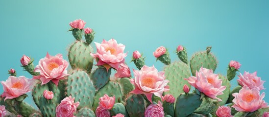 Flowering green cactus on a isolated pastel background Copy space