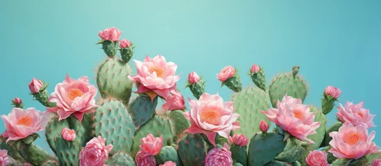 Fototapeten Flowering green cactus on a isolated pastel background Copy space © HN Works