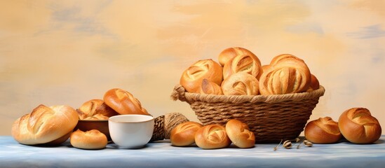 basket of bread rolls isolated pastel background Copy space