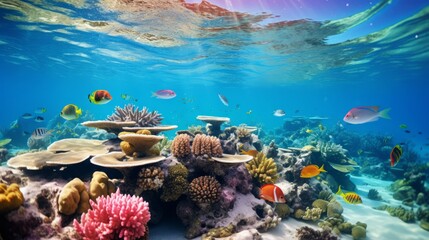 Photo of a vibrant coral reef teeming with tropical fish created with Generative AI technology