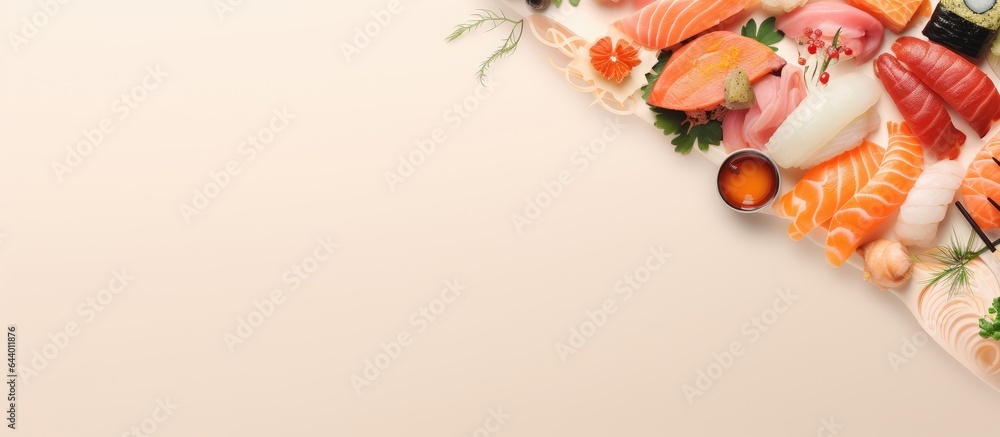 Poster different types of sushi and sashimi against a isolated pastel background copy space